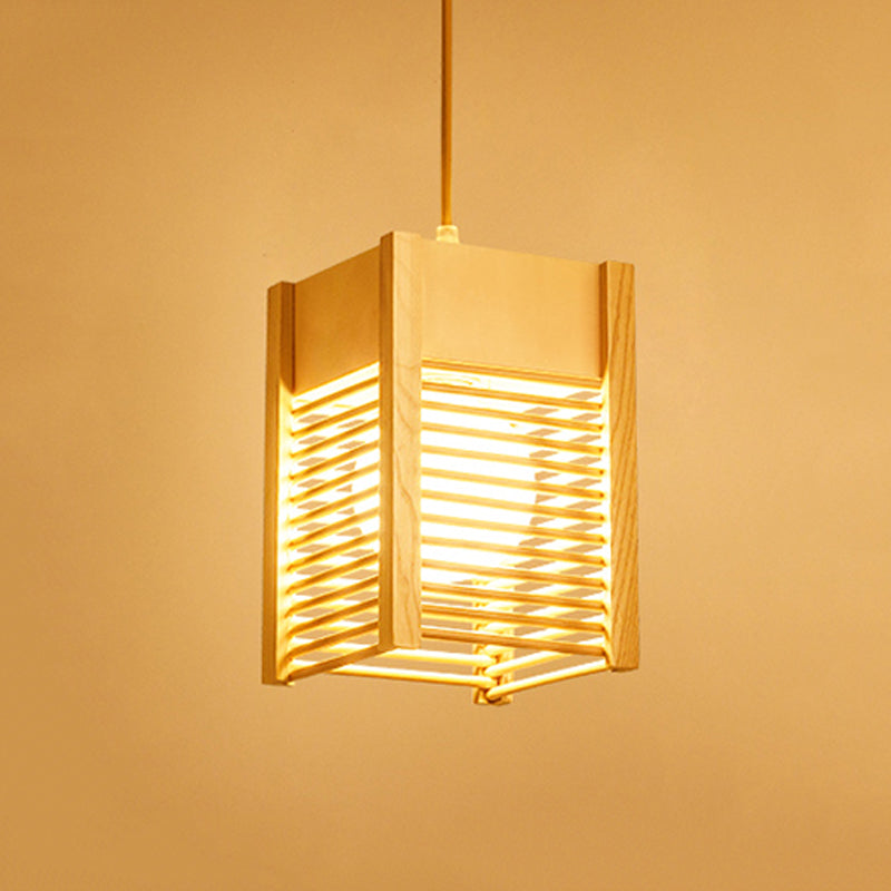 Cage Sushi House Suspension Light Wood 1 Light Japanese Style Drop Pendant in Beige Clearhalo 'Ceiling Lights' 'Pendant Lights' 'Pendants' Lighting' 1458418