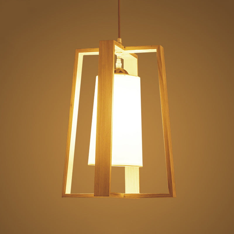 Cross Trapezoid Frame Pendant Asian Wooden 1-Light Dining Table Hanging Ceiling Light with Tapered Fabric Shade Clearhalo 'Ceiling Lights' 'Pendant Lights' 'Pendants' Lighting' 1458423