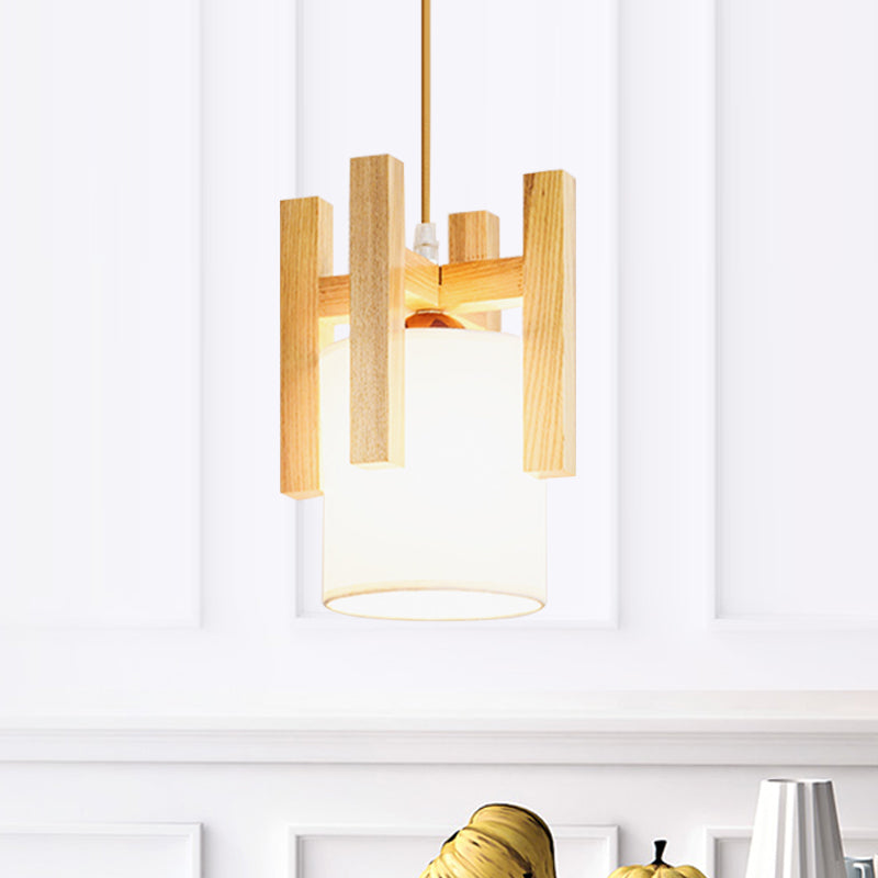 White Barrel Small Hanging Light Japanese Single Fabric Suspension Pendant Light with Wood Cage Top Wood Clearhalo 'Ceiling Lights' 'Pendant Lights' 'Pendants' Lighting' 1458425_286dcc21-36b4-4ca6-8942-0c96902e102a