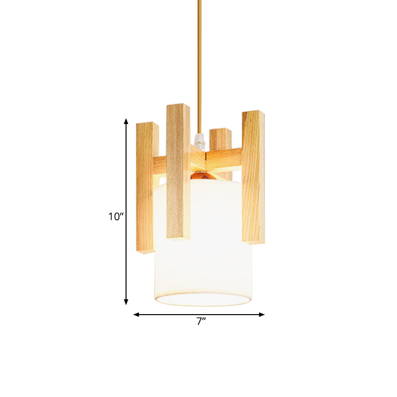 White Barrel Small Hanging Light Japanese Single Fabric Suspension Pendant Light with Wood Cage Top Clearhalo 'Ceiling Lights' 'Pendant Lights' 'Pendants' Lighting' 1458429