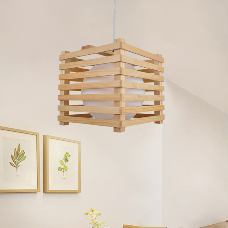 Japanese Globe White Glass Pendant 1 Light Hanging Lamp Kit with Wood Cubic Cage for Dining Room Clearhalo 'Ceiling Lights' 'Pendant Lights' 'Pendants' Lighting' 1458430