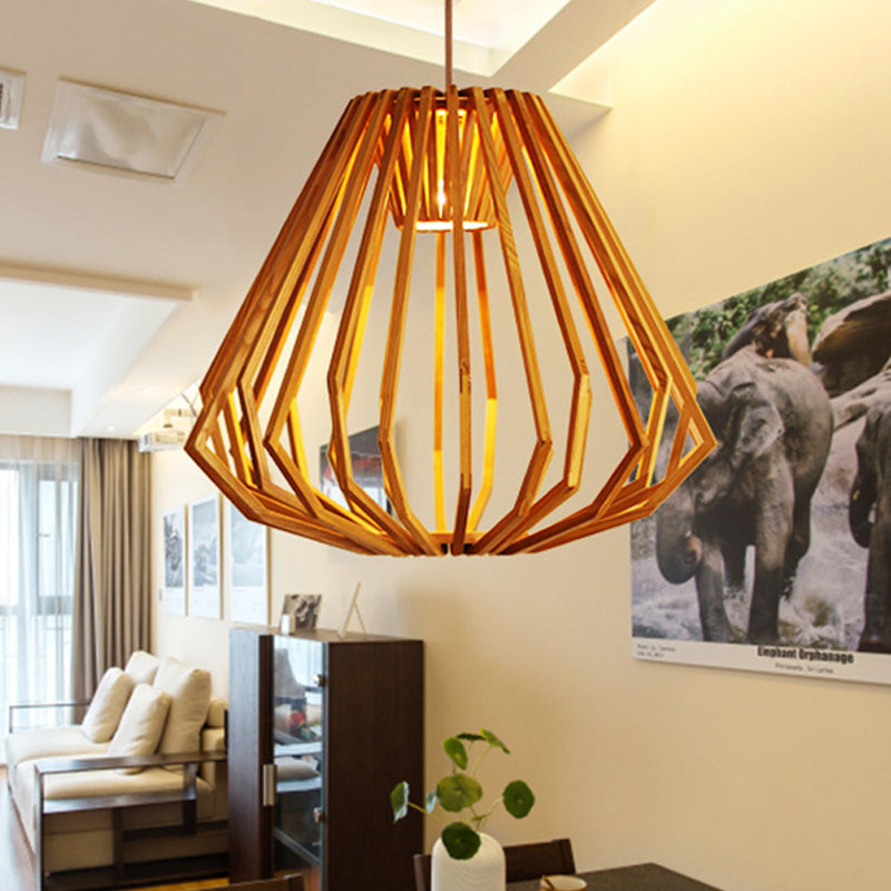 Natural Wood Diamond Cage Pendant Asia Single Head Hanging Light Fixture in Beige Clearhalo 'Ceiling Lights' 'Pendant Lights' 'Pendants' Lighting' 1458435