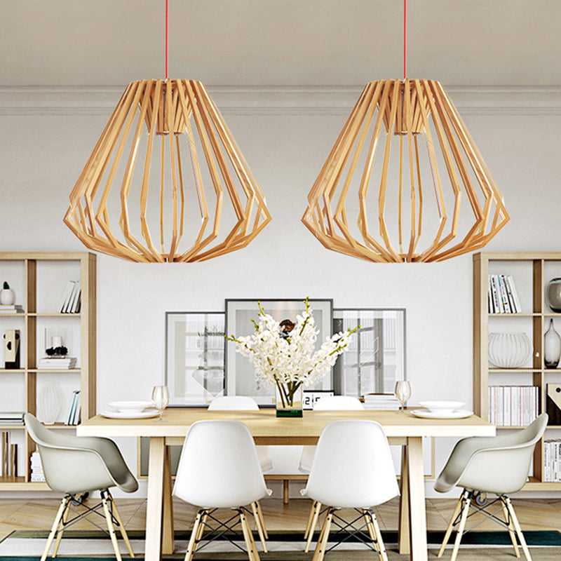 Natural Wood Diamond Cage Pendant Asia Single Head Hanging Light Fixture in Beige Clearhalo 'Ceiling Lights' 'Pendant Lights' 'Pendants' Lighting' 1458437