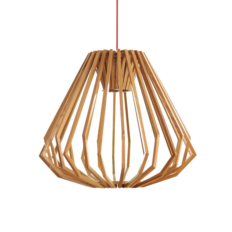 Natural Wood Diamond Cage Pendant Asia Single Head Hanging Light Fixture in Beige Clearhalo 'Ceiling Lights' 'Pendant Lights' 'Pendants' Lighting' 1458438