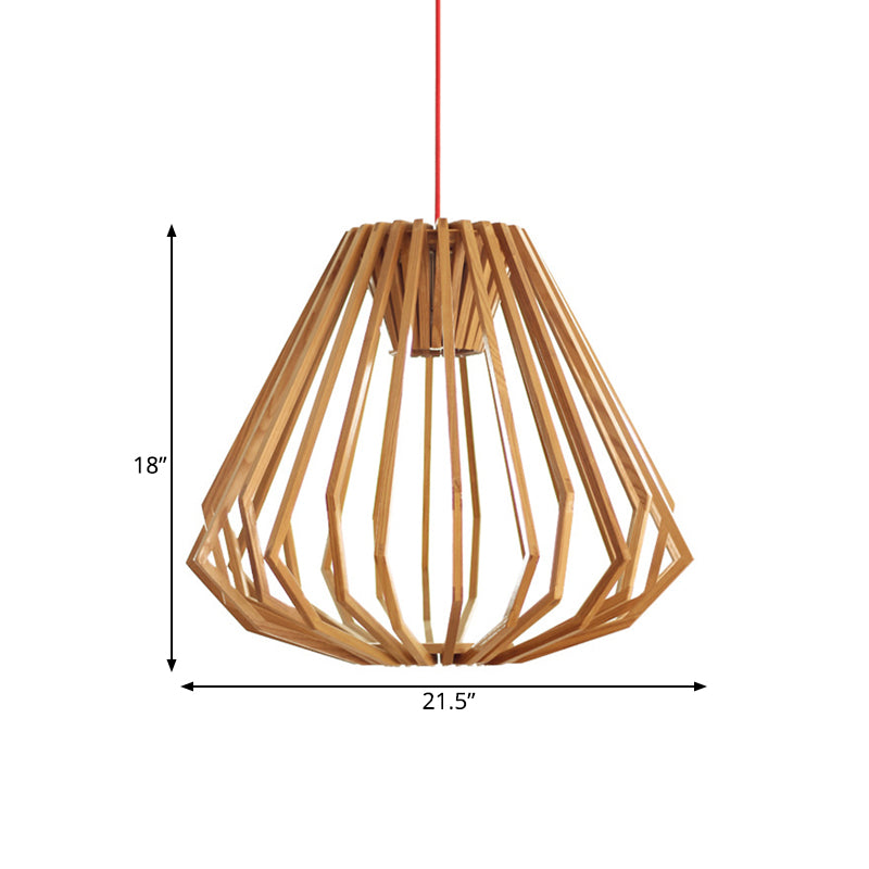 Natural Wood Diamond Cage Pendant Asia Single Head Hanging Light Fixture in Beige Clearhalo 'Ceiling Lights' 'Pendant Lights' 'Pendants' Lighting' 1458439