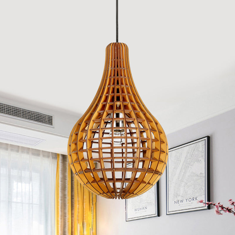 Gridded Raindrop Cage Pendant Lighting Minimalist Wooden 1-Light Brown Suspension Light Clearhalo 'Ceiling Lights' 'Pendant Lights' 'Pendants' Lighting' 1458440