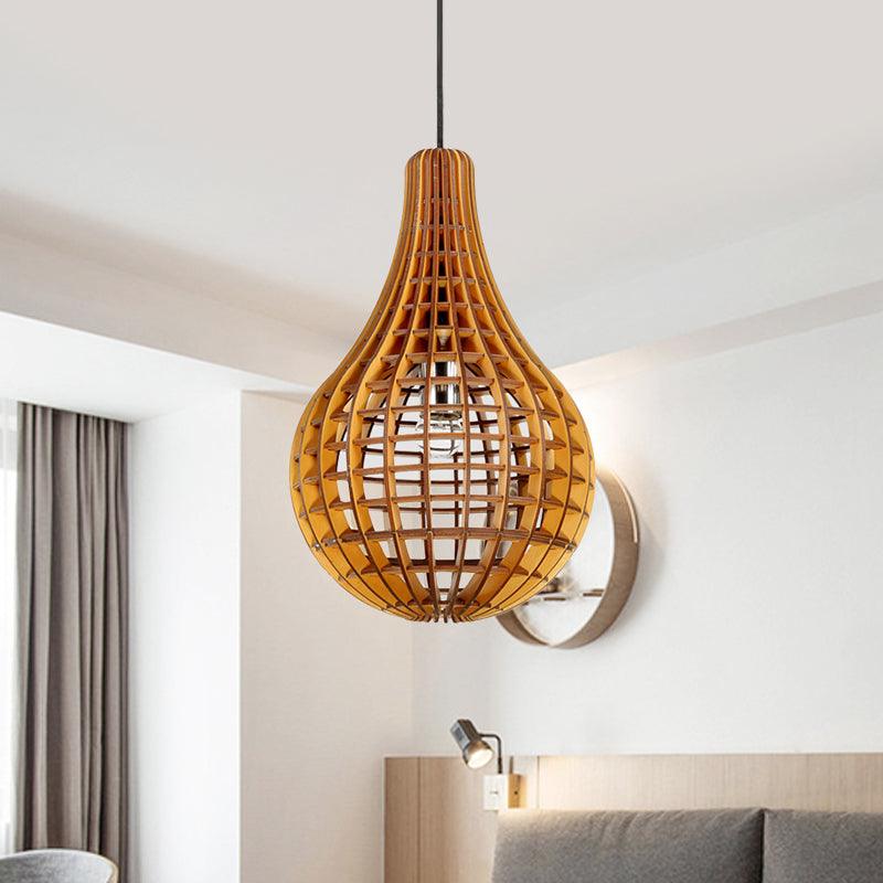 Gridded Raindrop Cage Pendant Lighting Minimalist Wooden 1-Light Brown Suspension Light Clearhalo 'Ceiling Lights' 'Pendant Lights' 'Pendants' Lighting' 1458441