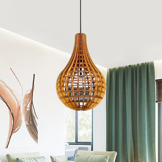 Gridded Raindrop Cage Pendant Lighting Minimalist Wooden 1-Light Brown Suspension Light Clearhalo 'Ceiling Lights' 'Pendant Lights' 'Pendants' Lighting' 1458442