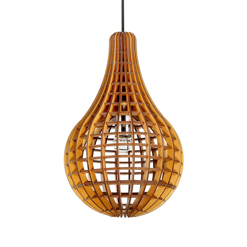 Gridded Raindrop Cage Pendant Lighting Minimalist Wooden 1-Light Brown Suspension Light Clearhalo 'Ceiling Lights' 'Pendant Lights' 'Pendants' Lighting' 1458443