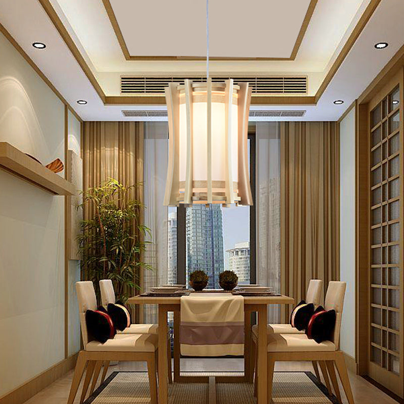 Cylindrical Pendant Light Fixture Asia PVC 1 Bulb Dinette Ceiling Lamp with Wood Cage in Beige Clearhalo 'Ceiling Lights' 'Pendant Lights' 'Pendants' Lighting' 1458446