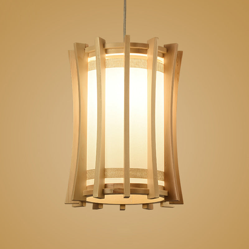 Cylindrical Pendant Light Fixture Asia PVC 1 Bulb Dinette Ceiling Lamp with Wood Cage in Beige Clearhalo 'Ceiling Lights' 'Pendant Lights' 'Pendants' Lighting' 1458448