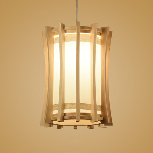 Cylindrical Pendant Light Fixture Asia PVC 1 Bulb Dinette Ceiling Lamp with Wood Cage in Beige Clearhalo 'Ceiling Lights' 'Pendant Lights' 'Pendants' Lighting' 1458448