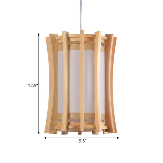 Cylindrical Pendant Light Fixture Asia PVC 1 Bulb Dinette Ceiling Lamp with Wood Cage in Beige Clearhalo 'Ceiling Lights' 'Pendant Lights' 'Pendants' Lighting' 1458449