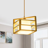 Rhombus Cage Kitchen Dinette Pendant Wooden 1 Head Asian Ceiling Hanging Light with Inner Frosted Glass Lamp Shade Clearhalo 'Ceiling Lights' 'Pendant Lights' 'Pendants' Lighting' 1458471