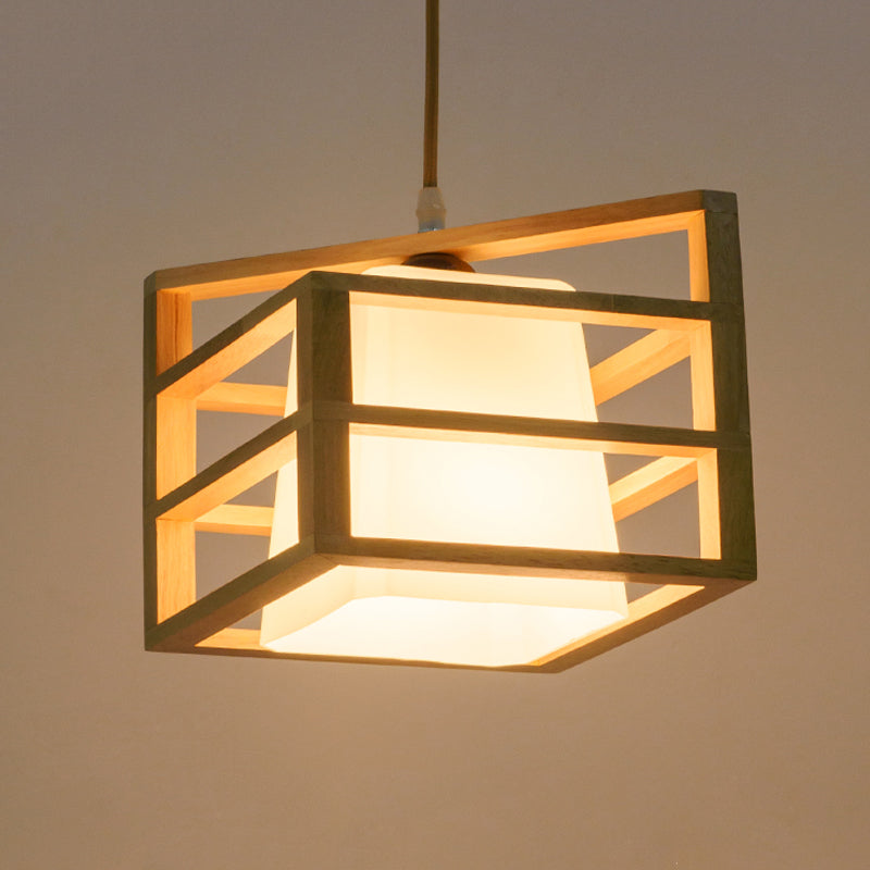 Rhombus Cage Kitchen Dinette Pendant Wooden 1 Head Asian Ceiling Hanging Light with Inner Frosted Glass Lamp Shade Clearhalo 'Ceiling Lights' 'Pendant Lights' 'Pendants' Lighting' 1458474