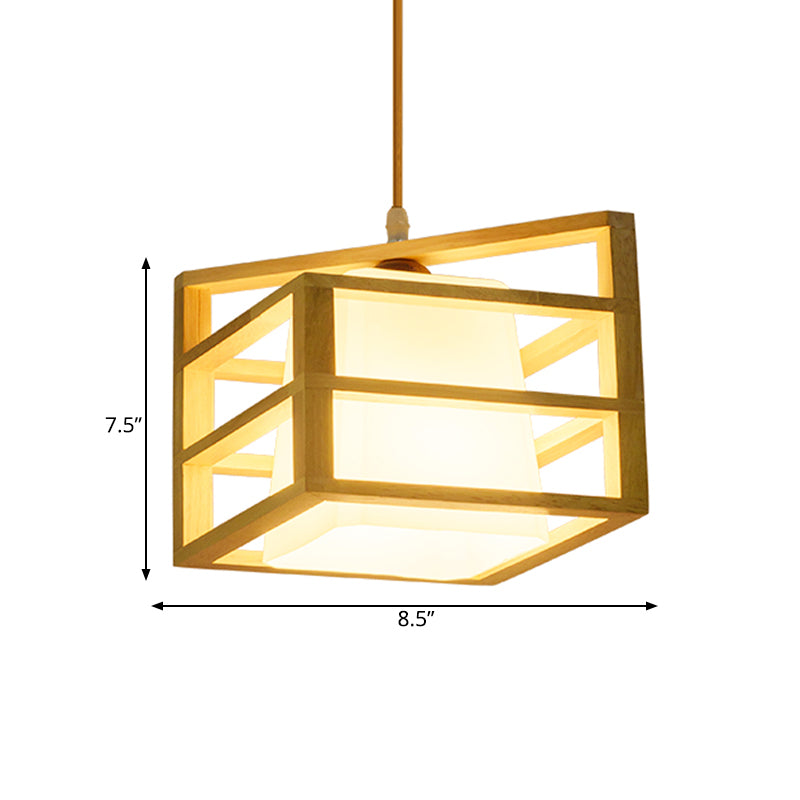 Rhombus Cage Kitchen Dinette Pendant Wooden 1 Head Asian Ceiling Hanging Light with Inner Frosted Glass Lamp Shade Clearhalo 'Ceiling Lights' 'Pendant Lights' 'Pendants' Lighting' 1458475