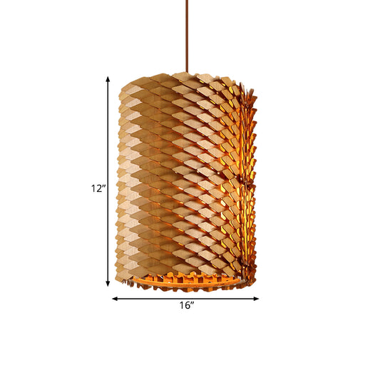 Hand Crafted Wood Cylindrical Drop Lamp Modern 1 Light Beige Hanging Pendant Light with Squama Surface Clearhalo 'Ceiling Lights' 'Pendant Lights' 'Pendants' Lighting' 1458485