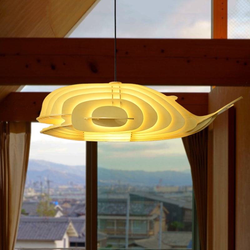 Japanese Style Whale Drop Pendant Wood 1 Head Sushi Restaurant Hanging Lamp Kit in Beige Beige Clearhalo 'Ceiling Lights' 'Pendant Lights' 'Pendants' Lighting' 1458526_fc410d2d-4255-4bee-9f44-5455ef21ff81