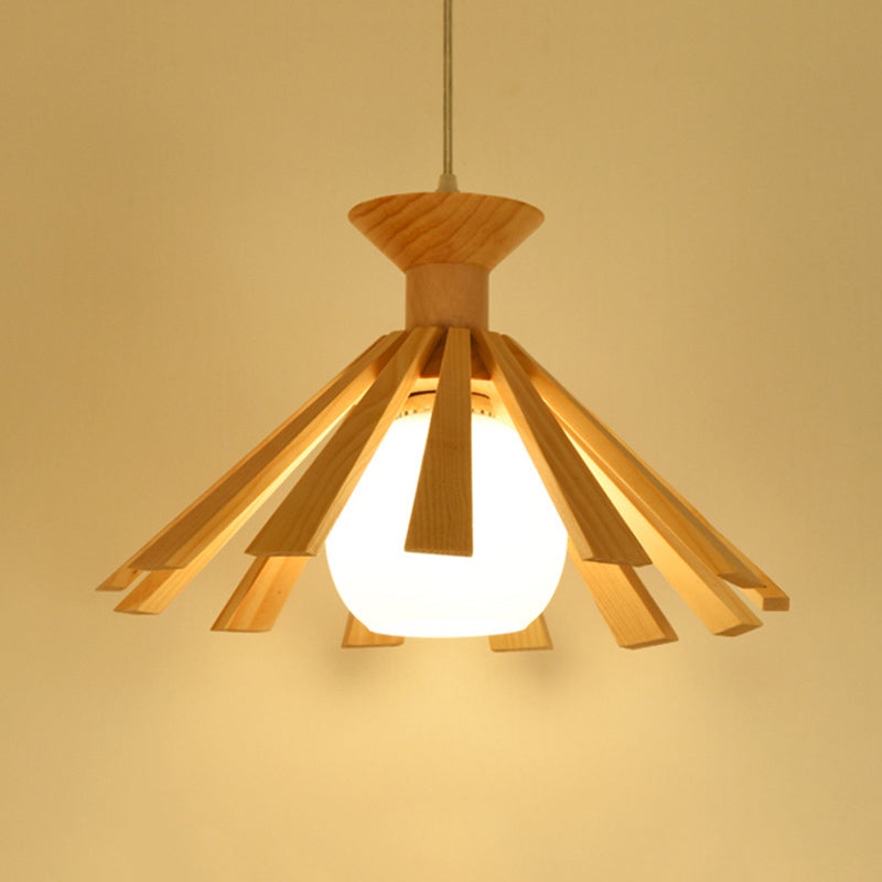 Cottage 1-Light Hanging Light Opal Frosted Open Glass Ball Pendant Ceiling Light with Wood Tapered Cap Clearhalo 'Ceiling Lights' 'Pendant Lights' 'Pendants' Lighting' 1458534