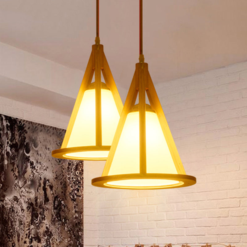 Horn Shaped Cage Wood Pendant Lamp Japanese Single Bulb Beige Ceiling Light with Shade Wood Clearhalo 'Ceiling Lights' 'Pendant Lights' 'Pendants' Lighting' 1458536_2aa9c99e-4831-4935-81ed-d6b2ee0fd4cd