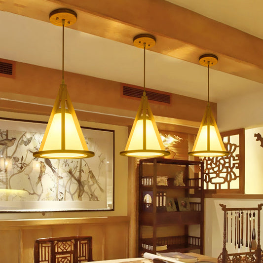 Horn Shaped Cage Wood Pendant Lamp Japanese Single Bulb Beige Ceiling Light with Shade Clearhalo 'Ceiling Lights' 'Pendant Lights' 'Pendants' Lighting' 1458537