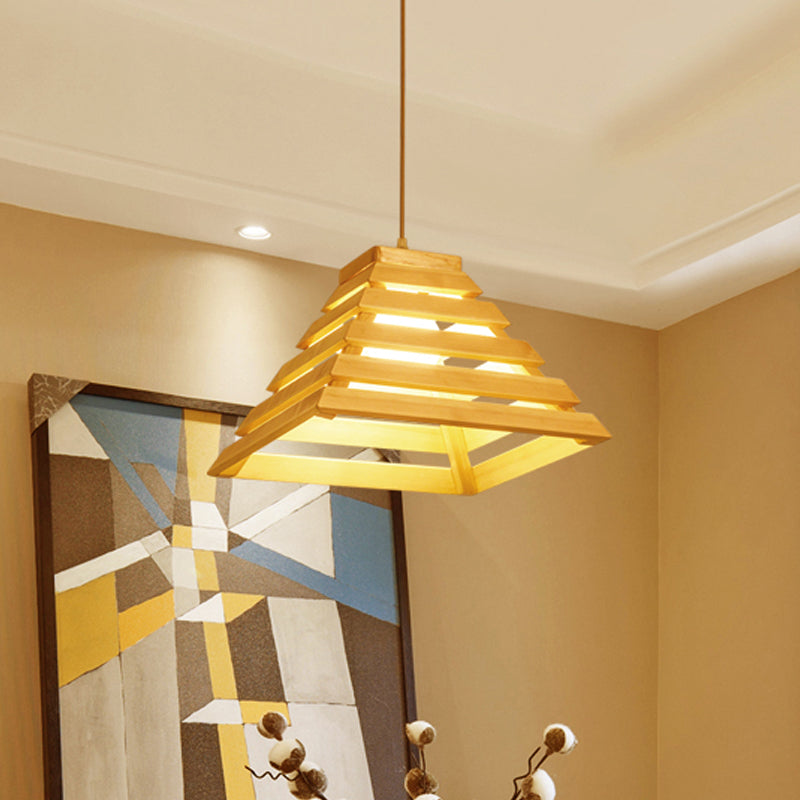 Pyramid Suspension Light Asian Wooden 1 Bulb Dining Table Pendant Lighting with Cage Design in Beige Beige Clearhalo 'Ceiling Lights' 'Pendant Lights' 'Pendants' Lighting' 1458541_c202caed-d3d1-4966-b57b-abe18913c4c0