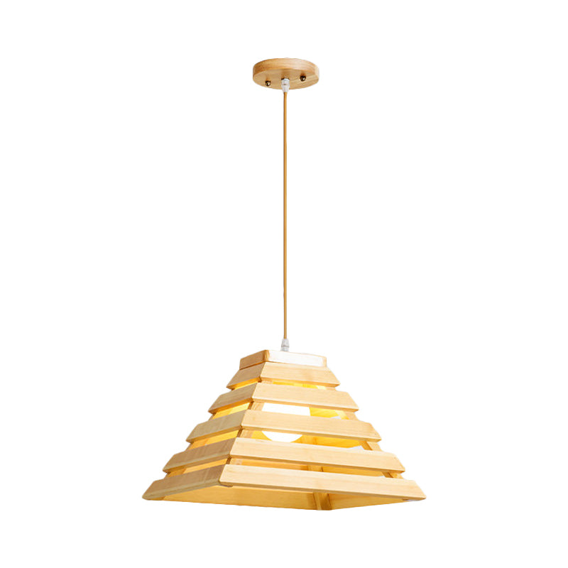 Pyramid Suspension Light Asian Wooden 1 Bulb Dining Table Pendant Lighting with Cage Design in Beige Clearhalo 'Ceiling Lights' 'Pendant Lights' 'Pendants' Lighting' 1458543