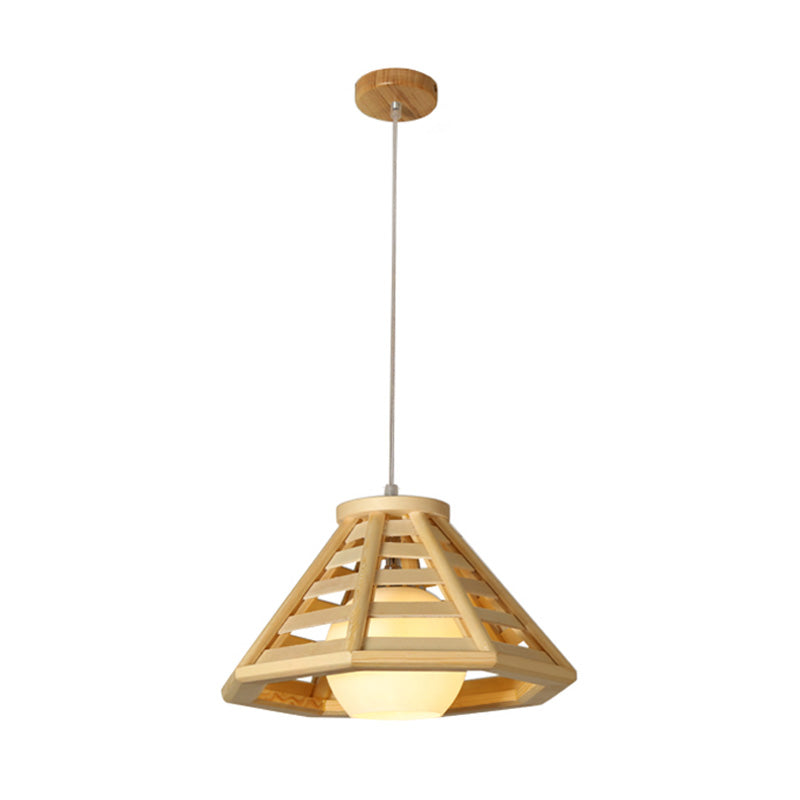 Asia Mini Globe Pendant Light Ivory Open Glass 1 Head Dining Table Suspension Lighting with Tapered Wood Cage in Beige Clearhalo 'Ceiling Lights' 'Pendant Lights' 'Pendants' Lighting' 1458548