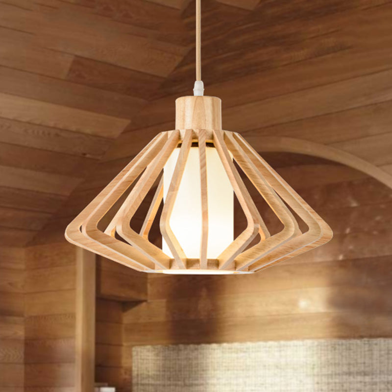 Diamond Cage Commercial Pendant Lighting Asian Wood 1 Head 14"/18" Wide Beige Ceiling Lamp with Inner Pillar Shade Clearhalo 'Ceiling Lights' 'Pendant Lights' 'Pendants' Lighting' 1458551