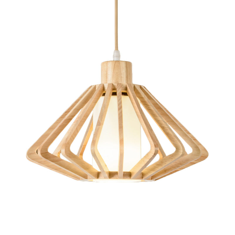 Diamond Cage Commercial Pendant Lighting Asian Wood 1 Head 14"/18" Wide Beige Ceiling Lamp with Inner Pillar Shade Clearhalo 'Ceiling Lights' 'Pendant Lights' 'Pendants' Lighting' 1458553