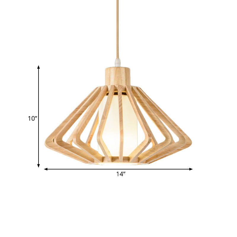 Diamond Cage Commercial Pendant Lighting Asian Wood 1 Head 14"/18" Wide Beige Ceiling Lamp with Inner Pillar Shade Clearhalo 'Ceiling Lights' 'Pendant Lights' 'Pendants' Lighting' 1458555