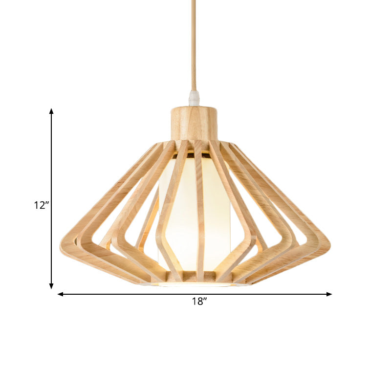 Diamond Cage Commercial Pendant Lighting Asian Wood 1 Head 14"/18" Wide Beige Ceiling Lamp with Inner Pillar Shade Clearhalo 'Ceiling Lights' 'Pendant Lights' 'Pendants' Lighting' 1458556