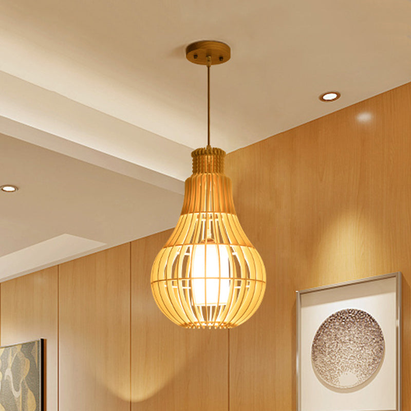 Beige Droplet Ceiling Suspension Lamp Asian 1 Bulb Wooden Hanging Pendant with Inner Tube Fabric Shade Clearhalo 'Ceiling Lights' 'Pendant Lights' 'Pendants' Lighting' 1458557