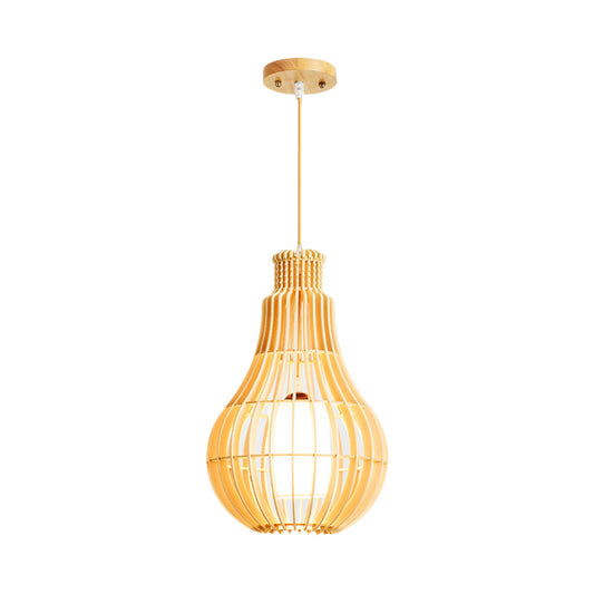 Beige Droplet Ceiling Suspension Lamp Asian 1 Bulb Wooden Hanging Pendant with Inner Tube Fabric Shade Clearhalo 'Ceiling Lights' 'Pendant Lights' 'Pendants' Lighting' 1458559