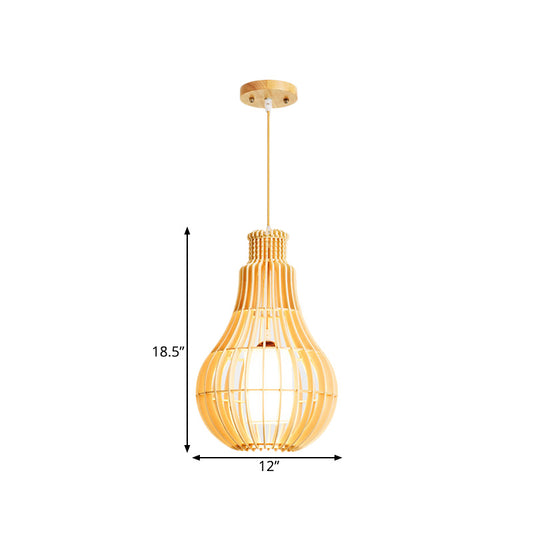 Beige Droplet Ceiling Suspension Lamp Asian 1 Bulb Wooden Hanging Pendant with Inner Tube Fabric Shade Clearhalo 'Ceiling Lights' 'Pendant Lights' 'Pendants' Lighting' 1458561