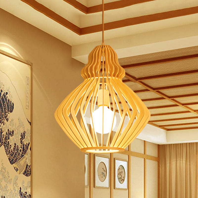 Bellied Basswood Ceiling Hanging Lantern Asian 1 Light Beige Pendant Light over Restaurant Table Clearhalo 'Ceiling Lights' 'Pendant Lights' 'Pendants' Lighting' 1458562