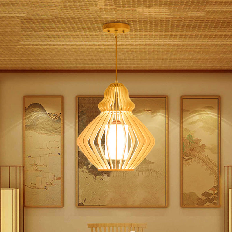 Bellied Basswood Ceiling Hanging Lantern Asian 1 Light Beige Pendant Light over Restaurant Table Clearhalo 'Ceiling Lights' 'Pendant Lights' 'Pendants' Lighting' 1458563