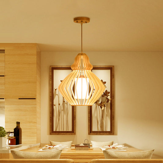 Bellied Basswood Ceiling Hanging Lantern Asian 1 Light Beige Pendant Light over Restaurant Table Clearhalo 'Ceiling Lights' 'Pendant Lights' 'Pendants' Lighting' 1458564