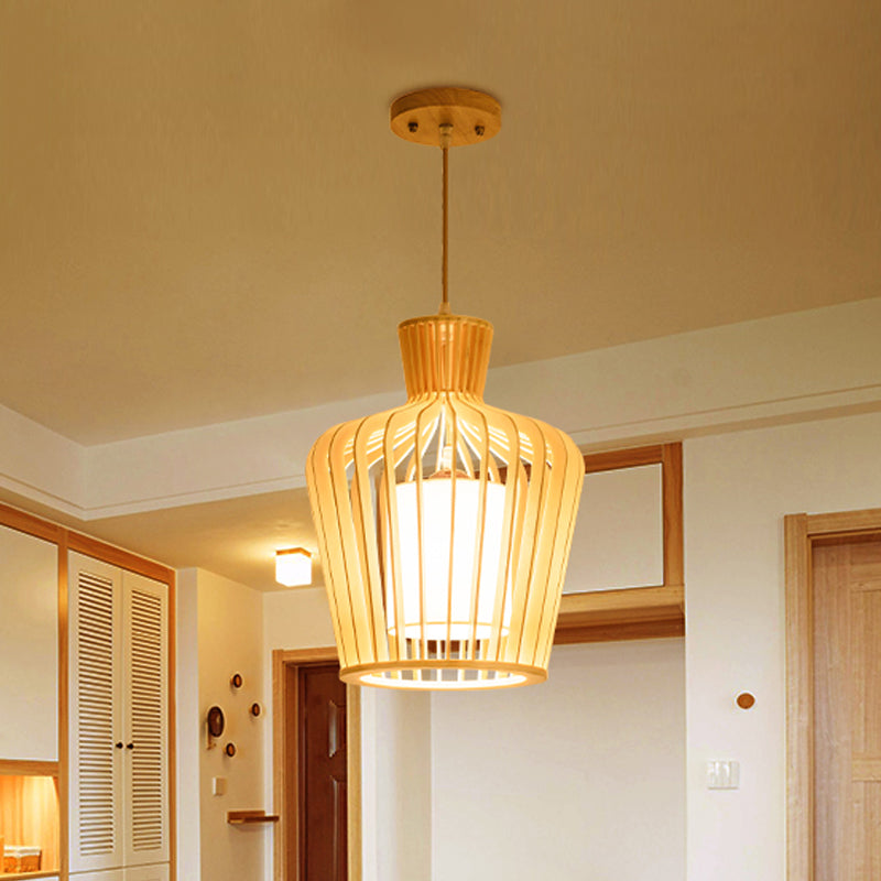 1-Light Dining Room Pendulum Light Japanese Beige Ceiling Pendant with Jug Wood Cage Beige Clearhalo 'Ceiling Lights' 'Pendant Lights' 'Pendants' Lighting' 1458567_a5a3d984-7d6e-4eba-9c0b-fd6b0b0fb257