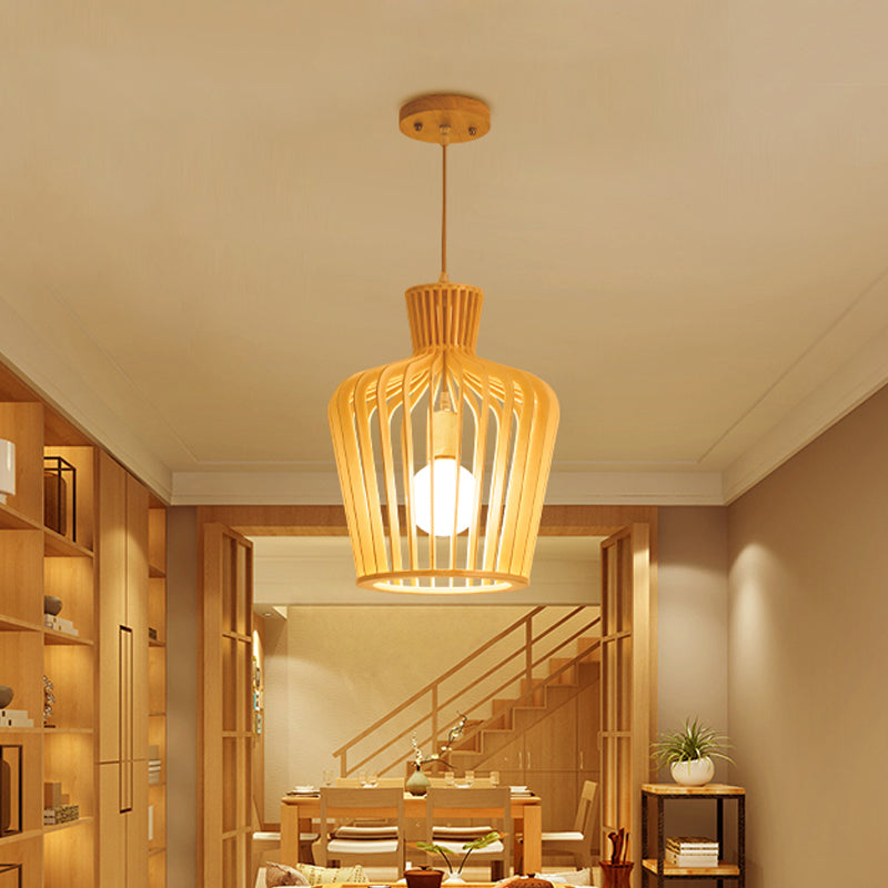 1-Light Dining Room Pendulum Light Japanese Beige Ceiling Pendant with Jug Wood Cage Clearhalo 'Ceiling Lights' 'Pendant Lights' 'Pendants' Lighting' 1458568