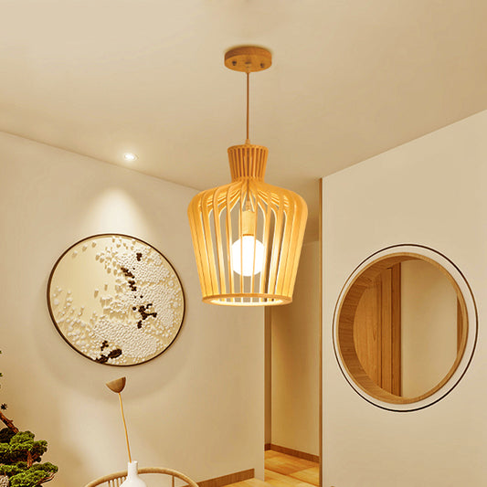 1-Light Dining Room Pendulum Light Japanese Beige Ceiling Pendant with Jug Wood Cage Clearhalo 'Ceiling Lights' 'Pendant Lights' 'Pendants' Lighting' 1458569