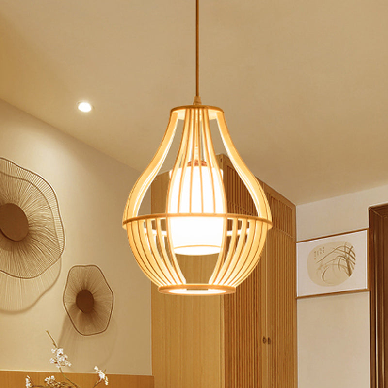 Wood Basket Suspension Pendant Light Farmhouse 1 Bulb Beige Ceiling Fixture with Fabric Lamp Shade Clearhalo 'Ceiling Lights' 'Pendant Lights' 'Pendants' Lighting' 1458572