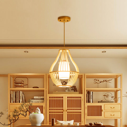 Wood Basket Suspension Pendant Light Farmhouse 1 Bulb Beige Ceiling Fixture with Fabric Lamp Shade Clearhalo 'Ceiling Lights' 'Pendant Lights' 'Pendants' Lighting' 1458574