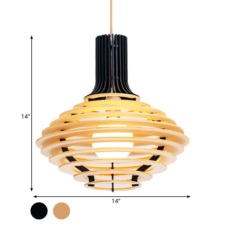 Asia Single Bulb Pendulum Light Black/Beige Wine Jar Shaped Hanging Lamp Kit with Wood Cage Clearhalo 'Ceiling Lights' 'Pendant Lights' 'Pendants' Lighting' 1458581