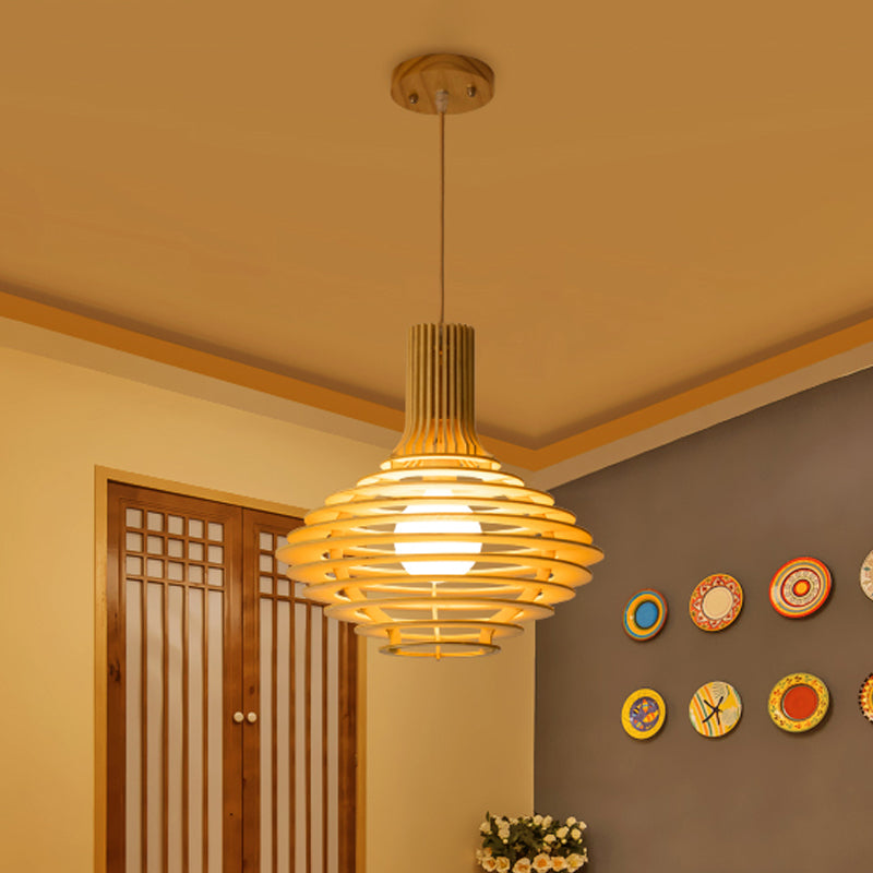 Asia Single Bulb Pendulum Light Black/Beige Wine Jar Shaped Hanging Lamp Kit with Wood Cage Wood Clearhalo 'Ceiling Lights' 'Pendant Lights' 'Pendants' Lighting' 1458582_74fcf2bc-bb3d-4f47-95e3-a7fadecf3d53