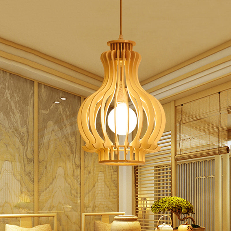 Beige Gourd Cage Hanging Lamp Asian Single Basswood Ceiling Pendant over Dining Table Clearhalo 'Ceiling Lights' 'Pendant Lights' 'Pendants' Lighting' 1458591