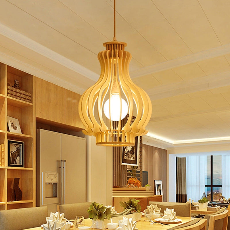 Beige Gourd Cage Hanging Lamp Asian Single Basswood Ceiling Pendant over Dining Table Clearhalo 'Ceiling Lights' 'Pendant Lights' 'Pendants' Lighting' 1458592