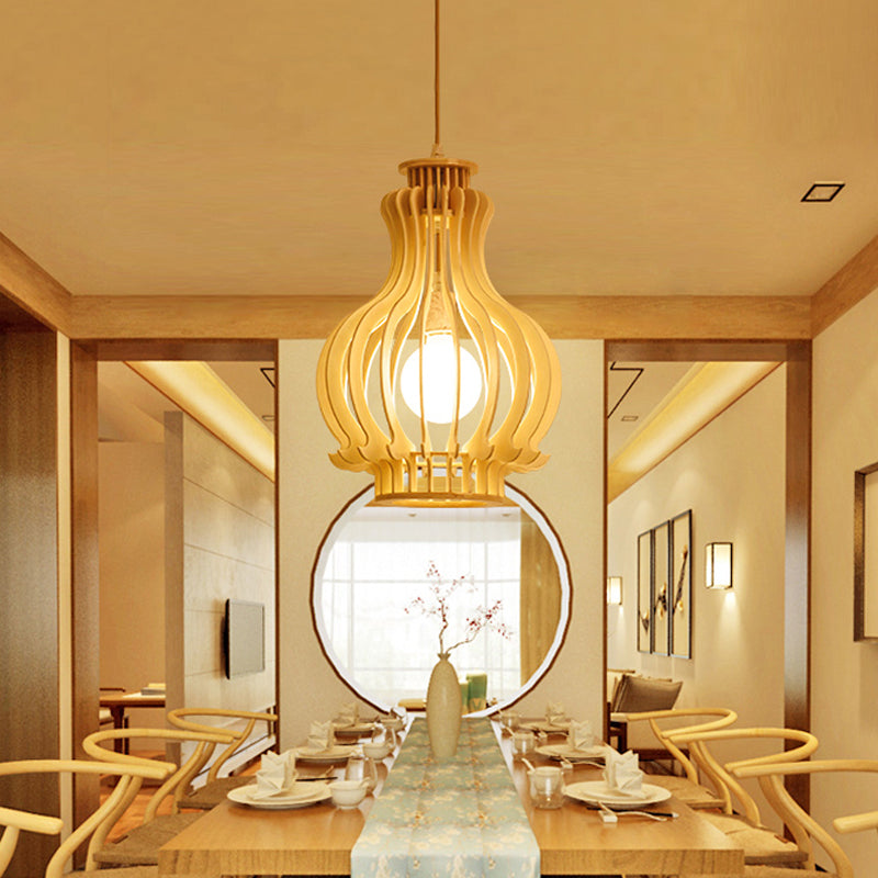 Beige Gourd Cage Hanging Lamp Asian Single Basswood Ceiling Pendant over Dining Table Clearhalo 'Ceiling Lights' 'Pendant Lights' 'Pendants' Lighting' 1458593