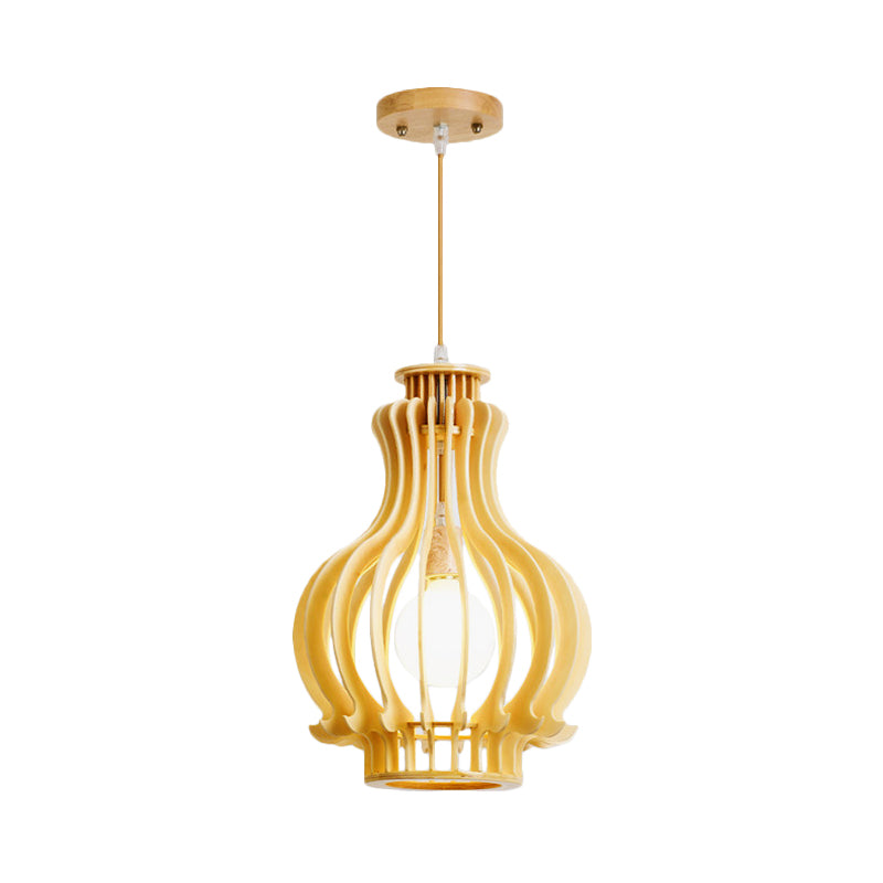 Beige Gourd Cage Hanging Lamp Asian Single Basswood Ceiling Pendant over Dining Table Clearhalo 'Ceiling Lights' 'Pendant Lights' 'Pendants' Lighting' 1458594