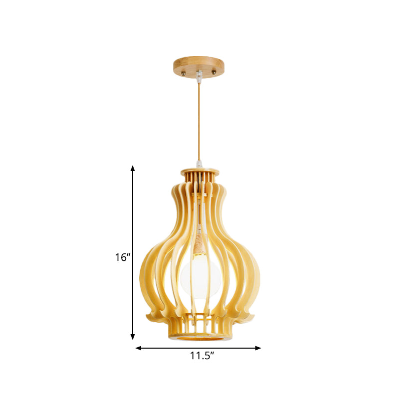 Beige Gourd Cage Hanging Lamp Asian Single Basswood Ceiling Pendant over Dining Table Clearhalo 'Ceiling Lights' 'Pendant Lights' 'Pendants' Lighting' 1458595
